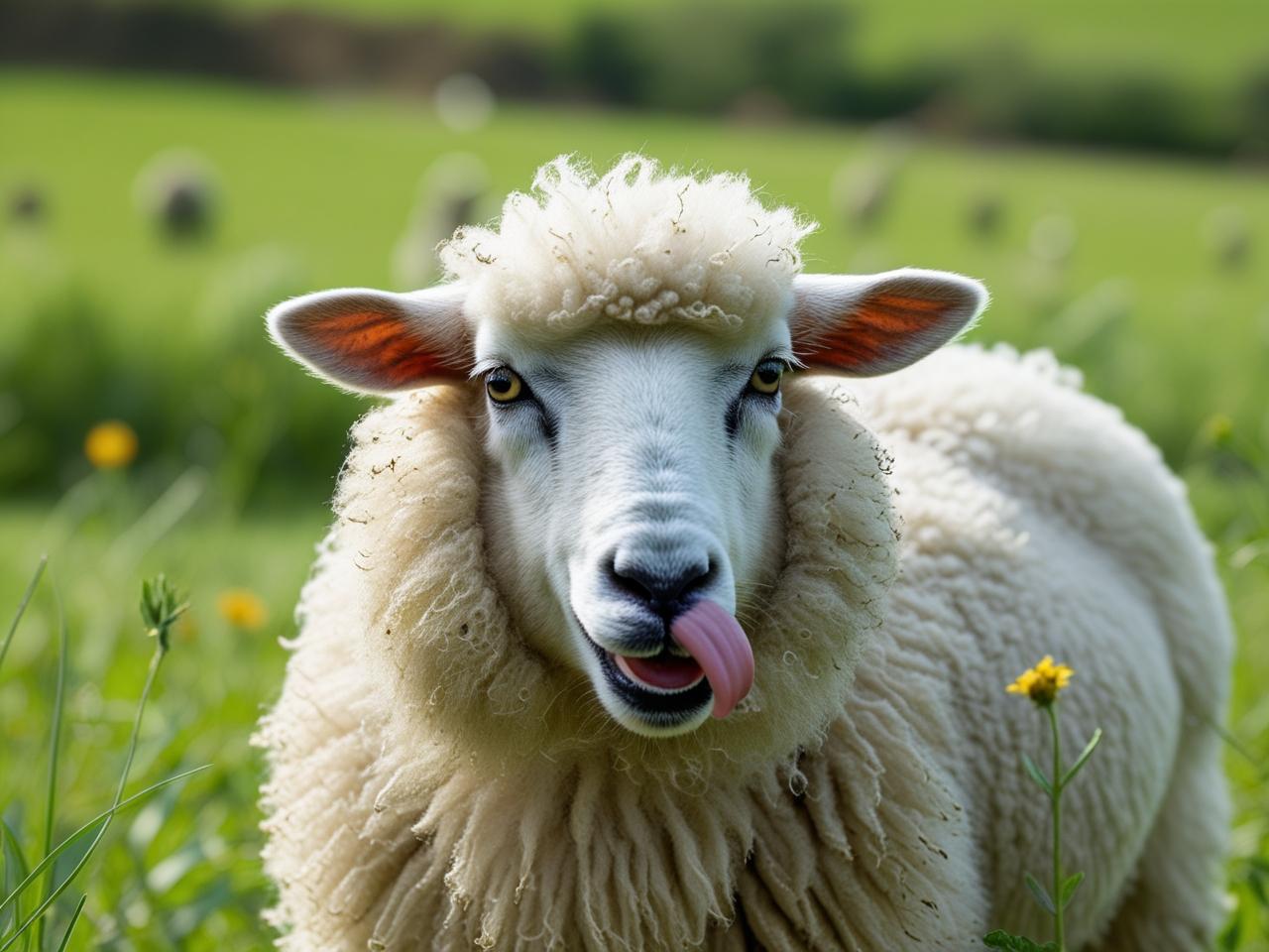 fun real sheep looking at camera with tongue out in green place